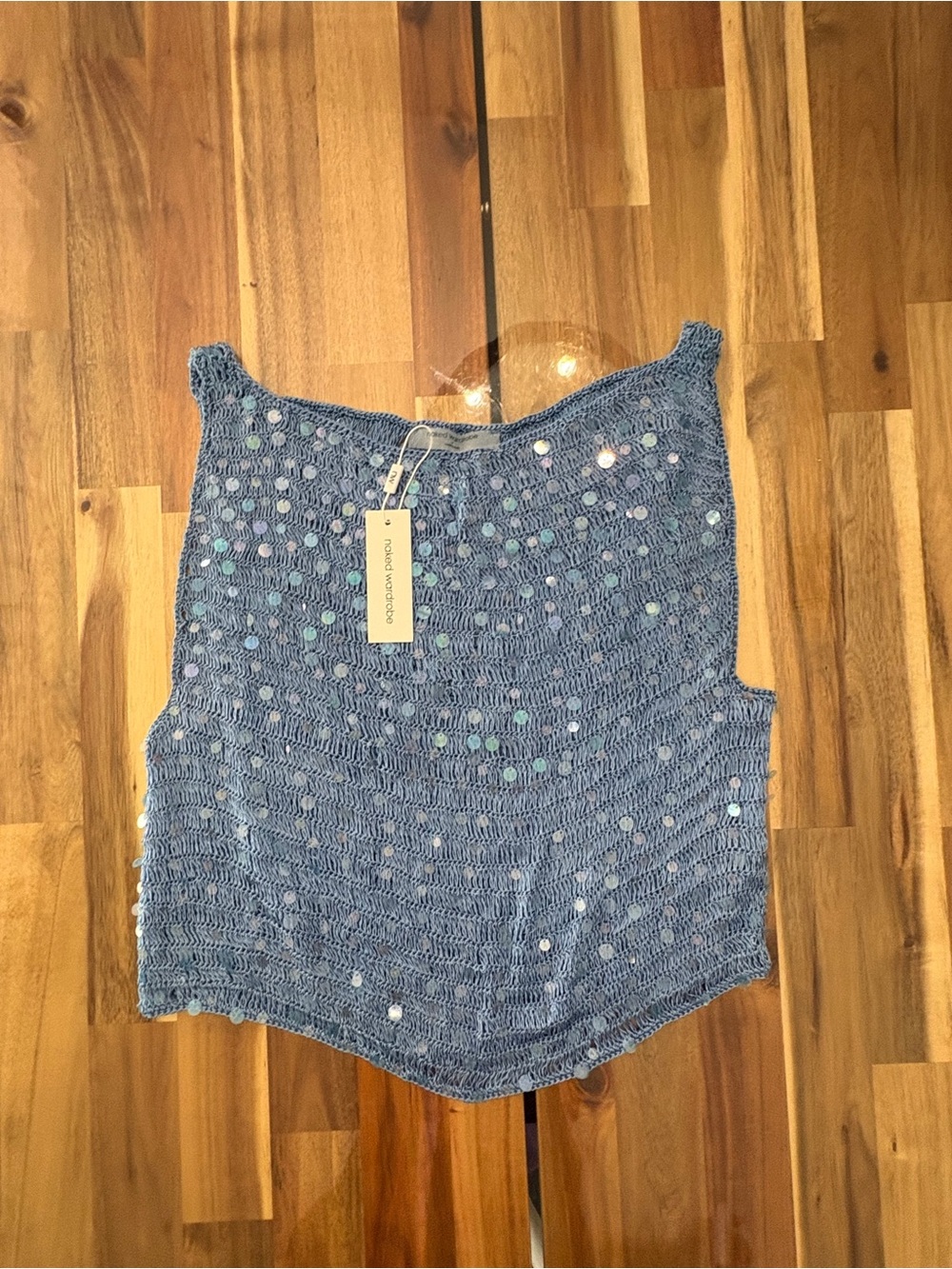 NWT Naked Wardrobe Sz XL Blue Sequin Crocheted Boat Neck See Through Crop Top - Picture 2 of 10